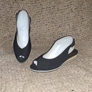 BRUNATE-Bungalow-Fabric Slingback Cork Wedge-Peep Toe-Sz 38.5-Near Mint